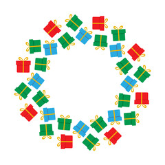 Multicolor Gift boxes with tied ribbon bow Circular Frame border Copy space Template Minimalist Flat. Isolated Vector illustration Birthday or Holidays Thematic Cards pattern, invite, banner, leaflets