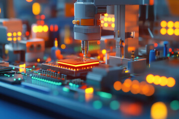 Automated robotic arm precisely placing a glowing microchip on a circuit board. Advanced manufacturing process with a robotic arm working on a complex electronic component with illuminated details
