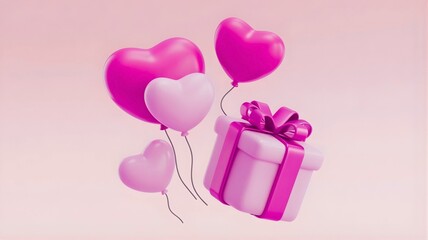 A cute 3D rendered Valentine's Day illustration featuring adorable heart-shaped balloons floating gracefully alongside an elegant gift box wrapped with a silky ribbon. 