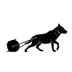Silhouette of a dog pulling a heavy object with determination and focus.