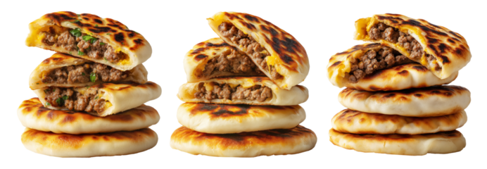 Ecuador Lapingachos fried potato patties stuffed with cheese and sprinkled herbs, isolated on white background