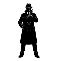 Silhouette of a Detective Holding Magnifying Glass, Investigating Mystery.