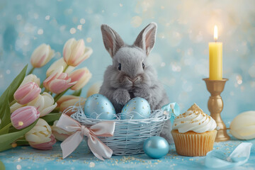 The concept of the bright Easter holiday 2026. Easter eggs and a gray Easter bunny in a wicker basket on a pastel watercolor background.