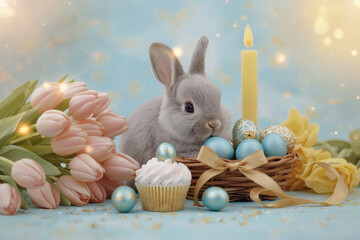 The concept of the bright Easter holiday 2026. Easter eggs and a gray Easter bunny in a wicker basket on a pastel watercolor background.
