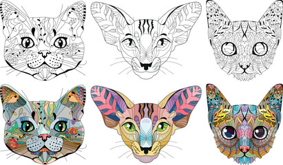 Set of stylized cat heads. Hand Drawn lace vector illustration for coloring