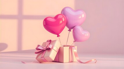 A cute 3D rendered Valentine's Day illustration featuring adorable heart-shaped balloons floating gracefully alongside an elegant gift box wrapped with a silky ribbon. 