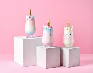 Three unicorn themed drinks with colorful layers, topped with horns and flower crowns, placed on concrete cubes. The background is pink, creating a soft and fun atmosphere.