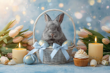 The concept of the bright Easter holiday 2026. Easter eggs and a gray Easter bunny in a wicker basket on a pastel watercolor background.