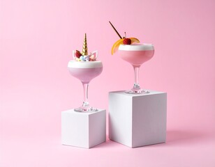Two elegant cocktails served in stylish glasses, one with a unicorn decoration, colorful sweets, and the other with a fruit garnish, set against a soft pink backdrop.