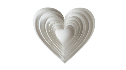 Heart shaped layers in gradient white and silver hues symbolize purity, elegance, and minimalist beauty suitable for design, invitations or celebrations