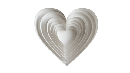 Heart shaped layers in gradient white and silver hues symbolize purity, elegance, and minimalist beauty suitable for design, invitations or celebrations
