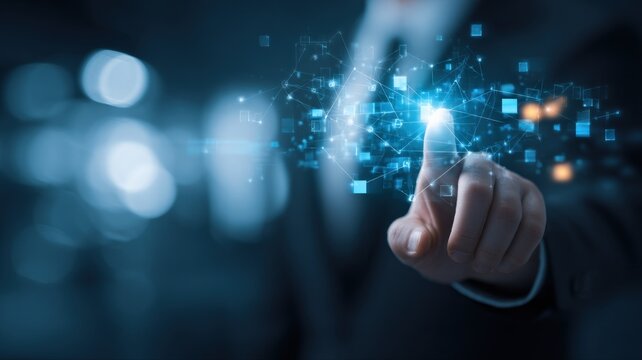 Businessman Interacting with Digital Network Interface: Innovation, Technology, and Connectivity in Modern Business - Powered by Adobe