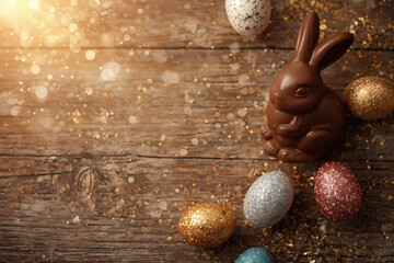 The concept of a bright Easter holiday in 2026. A beautiful postcard. A banner. Chocolate Easter eggs and a chocolate rabbit on a wooden background. Easter sweets and treats.