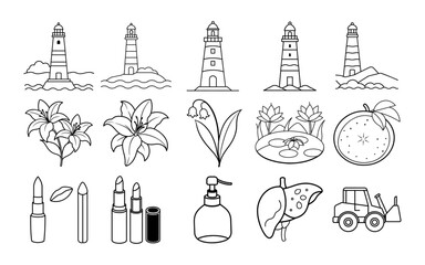 Obraz premium Music and Sound Audio Icon Set Featuring Musical Instruments and Notes in Simple Line Art for Creative Projects