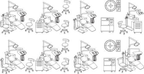Obraz premium Line art illustration depicting several sets of dental equipment, showcasing the tools and instruments essential for dental procedures. 