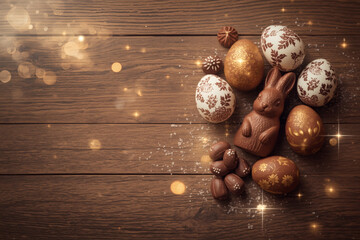 The concept of a bright Easter holiday in 2026. A beautiful postcard. A banner. Chocolate Easter eggs and a chocolate rabbit on a wooden background. Easter sweets and treats.
