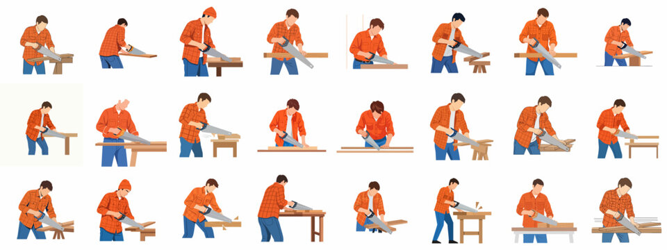 Collection of flat vector illustrations showing a man in an orange plaid shirt sawing wood with a handsaw, depicting various woodworking actions and poses.