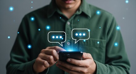 Man Interacting with a Smartphone Displaying Speech Bubble Icons, Representing Communication and Connectivity