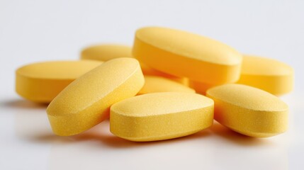 Minimalist product photograph: yellow tablets neatly arranged on white backdrop