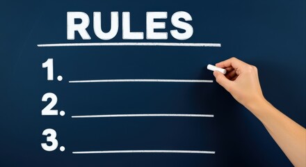 Conceptual chalkboard displaying business rules, regulations, or instructions numbered one through three with hand writing