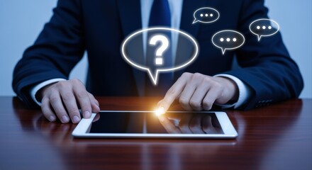 Businessman Interacting with Digital Tablet Displaying Question Mark and Communication Bubbles, Representing Support