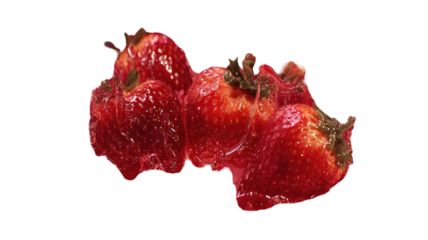 A fresh, ripe red strawberry with a green leaf is isolated on a white background, showing a juicy, organic, and delicious macro closeup of the healthy sweet berry fruit