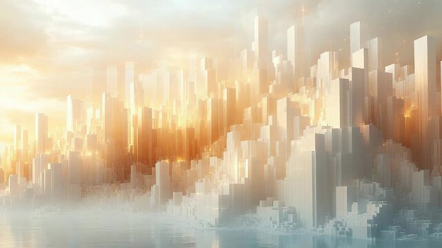 Abstract futuristic city with towering skyscrapers reflecting on calm water, bathed in the warm, radiant light of a golden sunset or sunrise sky, symbolizing innovation, growth, and a utopian future