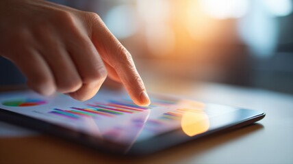 Data Analysis on Digital Tablet Displayed with Colorful Charts, Graphs and Human Hand Pointing