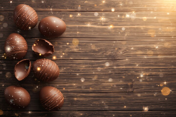 The concept of a bright Easter holiday in 2026. Beautiful postcard. Banner. Chocolate Easter eggs on a wooden background. Easter sweets and treats.
