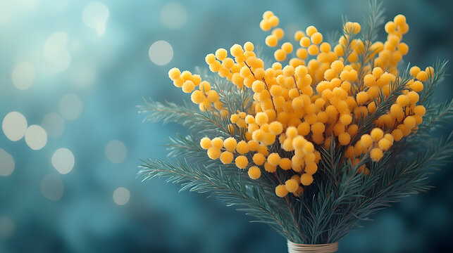 Bright yellow flowers arranged in a bouquet with green leaves against a soft blue background - Powered by Adobe