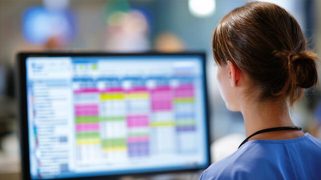 Nurse working at computer during night shift in hospital setting
