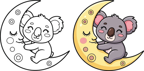 Obraz premium Cute koala on moon coloring pages for kids, cute little koala sleeping on moon, coloring book, vector Illustration for coloring book pages or Kids