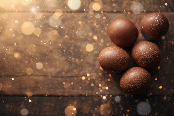 The concept of a bright Easter holiday in 2026. Beautiful postcard. Banner. Chocolate Easter eggs on a wooden background. Easter sweets and treats.