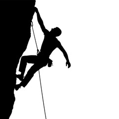 Silhouette of a rock climber ascending a steep cliff face.