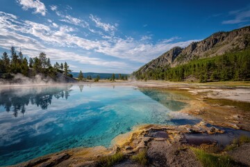 Mist over steaming pools and pine forest in a dramatic geothermal landscape