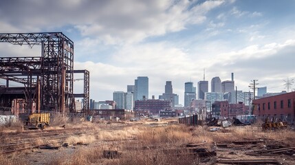 Fototapeta premium Urban development site with unfinished steel structure and city skyline in background 
