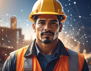 Portrait of a construction worker, optimistic, with a network overlay