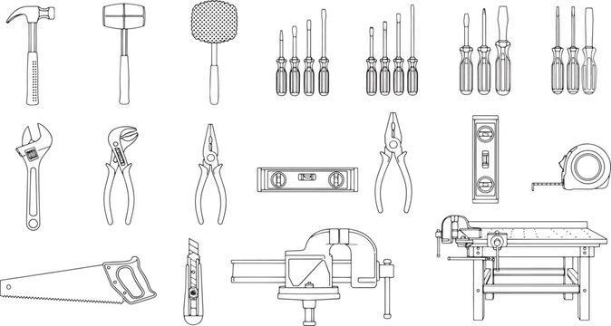 An array of essential tools for construction, renovation, and DIY projects, arranged in a visually clear and precise manner, ready to tackle any task.