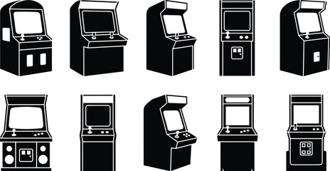 Retro arcade machine silhouettes, vintage gaming cabinets, joystick control panels, nostalgic video game icons, classic entertainment design for collectors and creators ©  Arfina