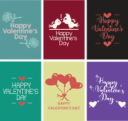 A Set of Flat Vector Happy Valentine's Day Greeting Cards with Hearts and Birds