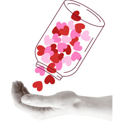 Halftone Human hand catches colorful hearts falling from a glass jar illustration