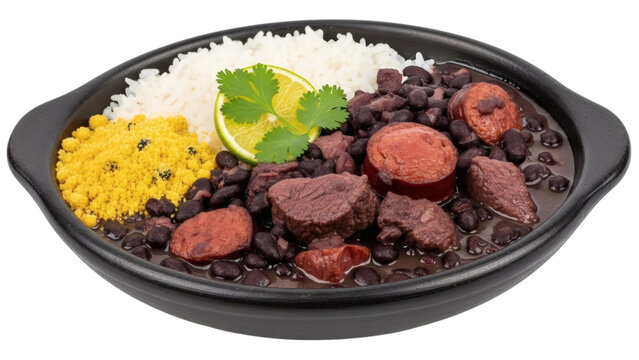 Brazilian dish - feijoada with rice, farofa and orange.