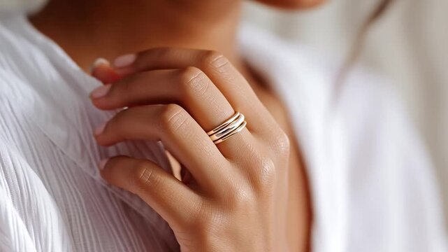 A woman gently holds her hand close to her face, showing multiple rings stacked on her fingers. Soft light enhances the jewelry's shine in a cozy indoor setting.