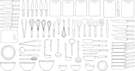An array of various kitchen tools and equipment, from knives to bowls. It captures the essence of culinary art, emphasizing functionality and organization in a professional-grade setup.