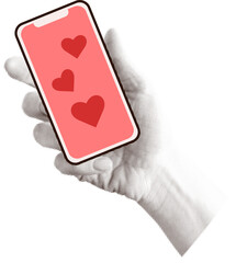 Halftone hand holding a red smartphone with hearts on the screen illustration