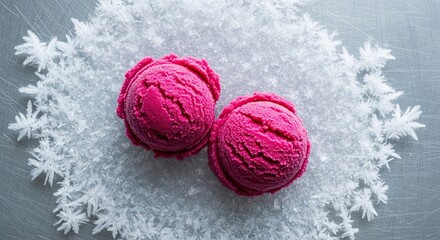 Vibrant Raspberry Sorbet Scoops on a Delicate Snowflake Doily.