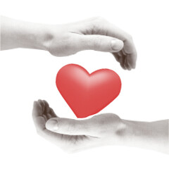 Halftone two human hand gently hold a red heart illustration. Valentines day, love, donation concept