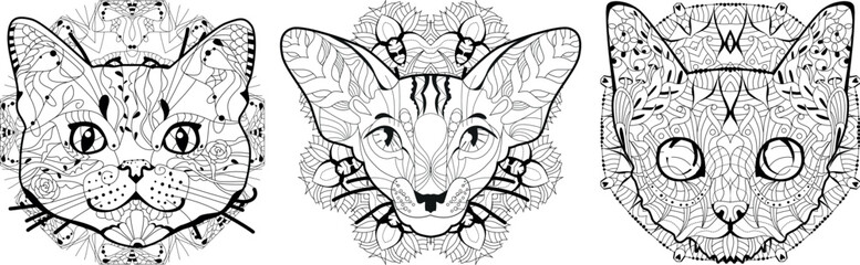 Set of stylized cat heads. Hand Drawn lace vector illustration for coloring