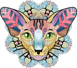 Stylized head of cat on mandala. Hand Drawn lace vector illustration
