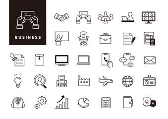 社内業務の流れや情報整理を表すUI用ビジネスアイコンセット（黒線アウトライン）